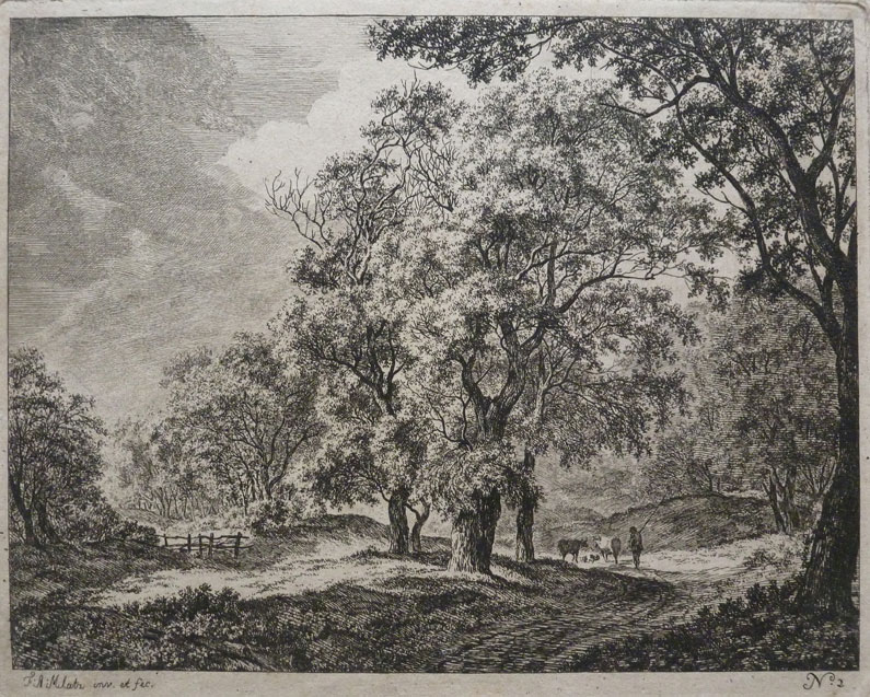 Interior of forest with herdsman and cows