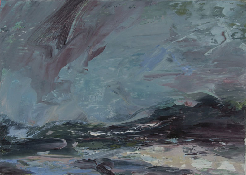 Dusky pink, blue and grey painting of Shetland's violent seas