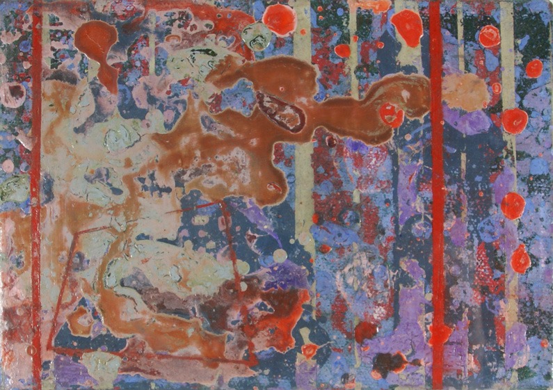 Abstract with brown forms crossing grid with red splotches