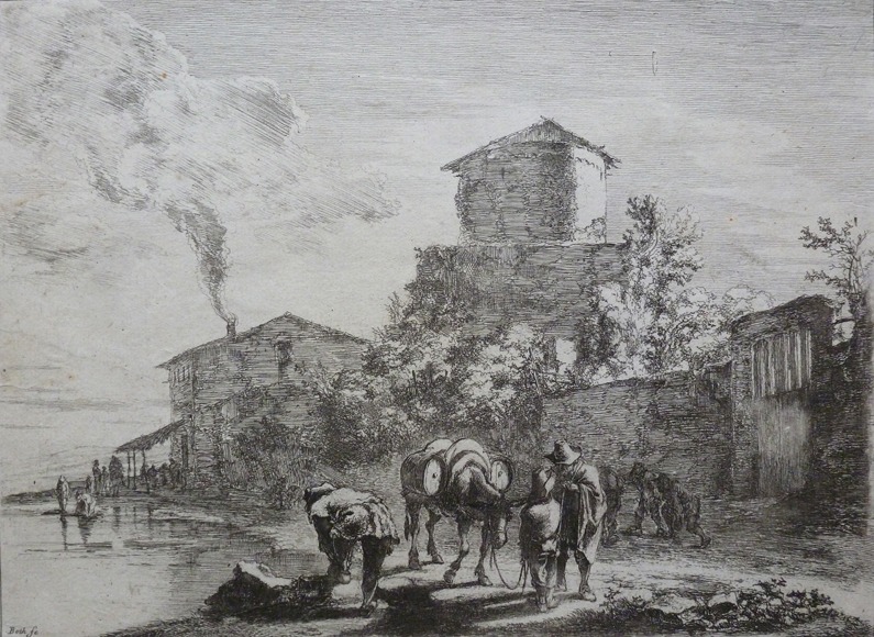 Two travellers by a stream in a wood