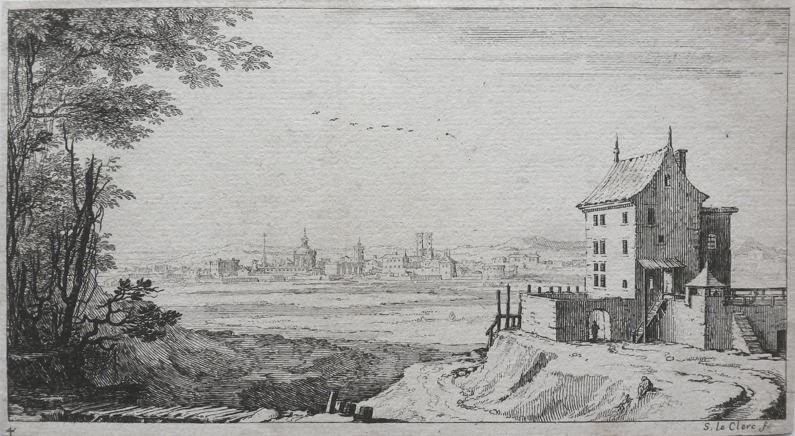 Leclerc Landscape With Large House 1693 Two travellers by a stream in a wood