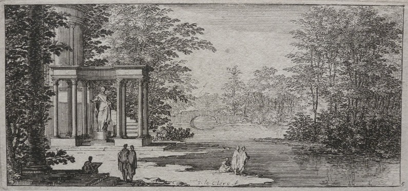 Leclerc River Landscape With Classical Temple 1696 1700 Two travellers by a stream in a wood