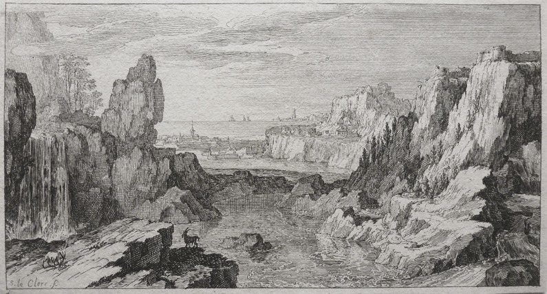 Leclerc Rocky Landscape With River 1693 Two travellers by a stream in a wood